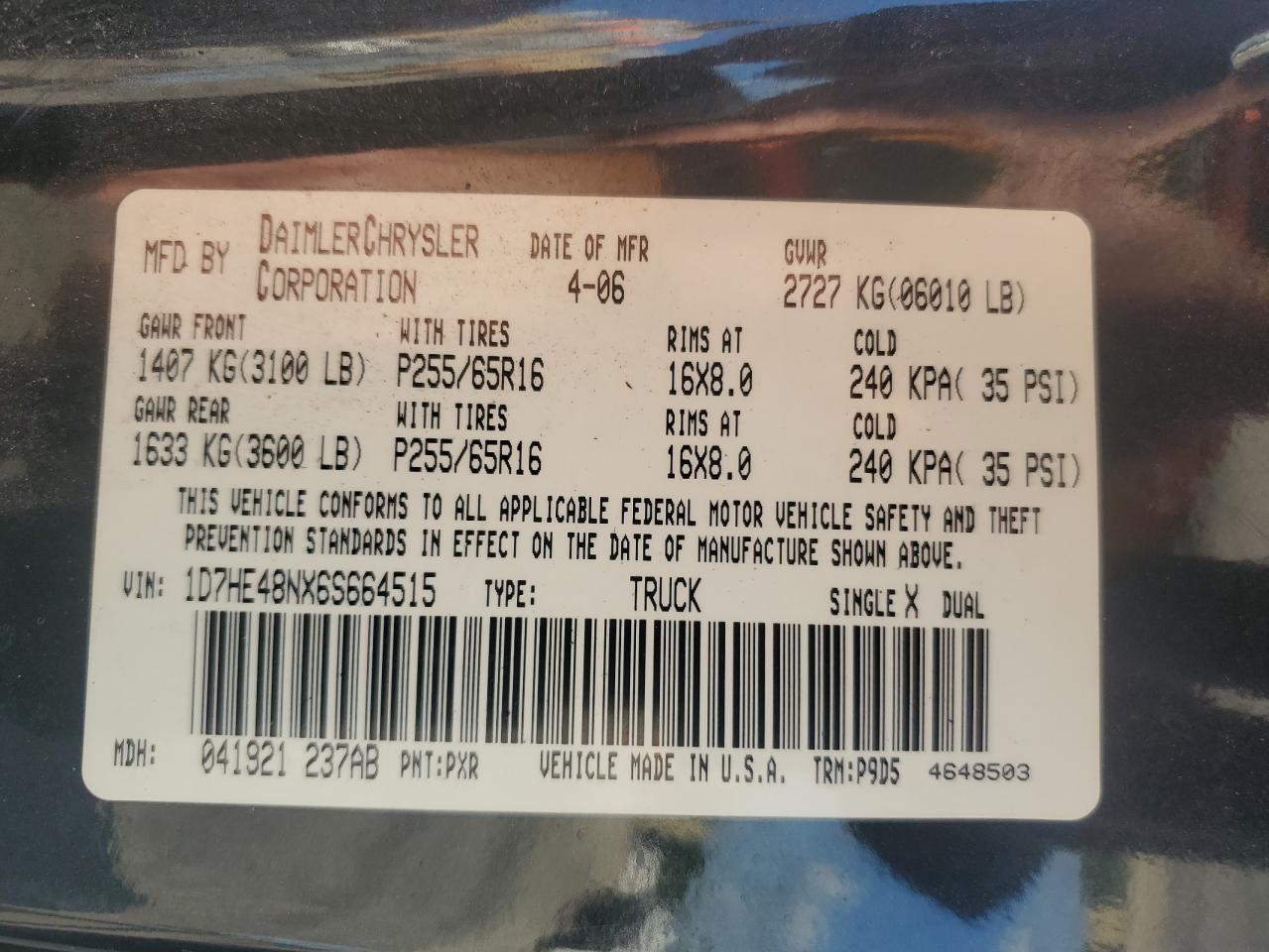 2006 Dodge Dakota Quad Slt VIN: 1D7HE48NX6S664515 Lot: 63141385