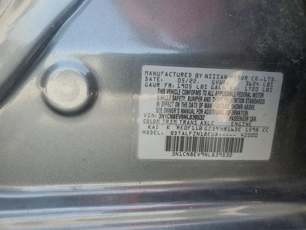 2022 Nissan Versa Sv VIN: 3N1CN8EV9NL839532 Lot: 63834585