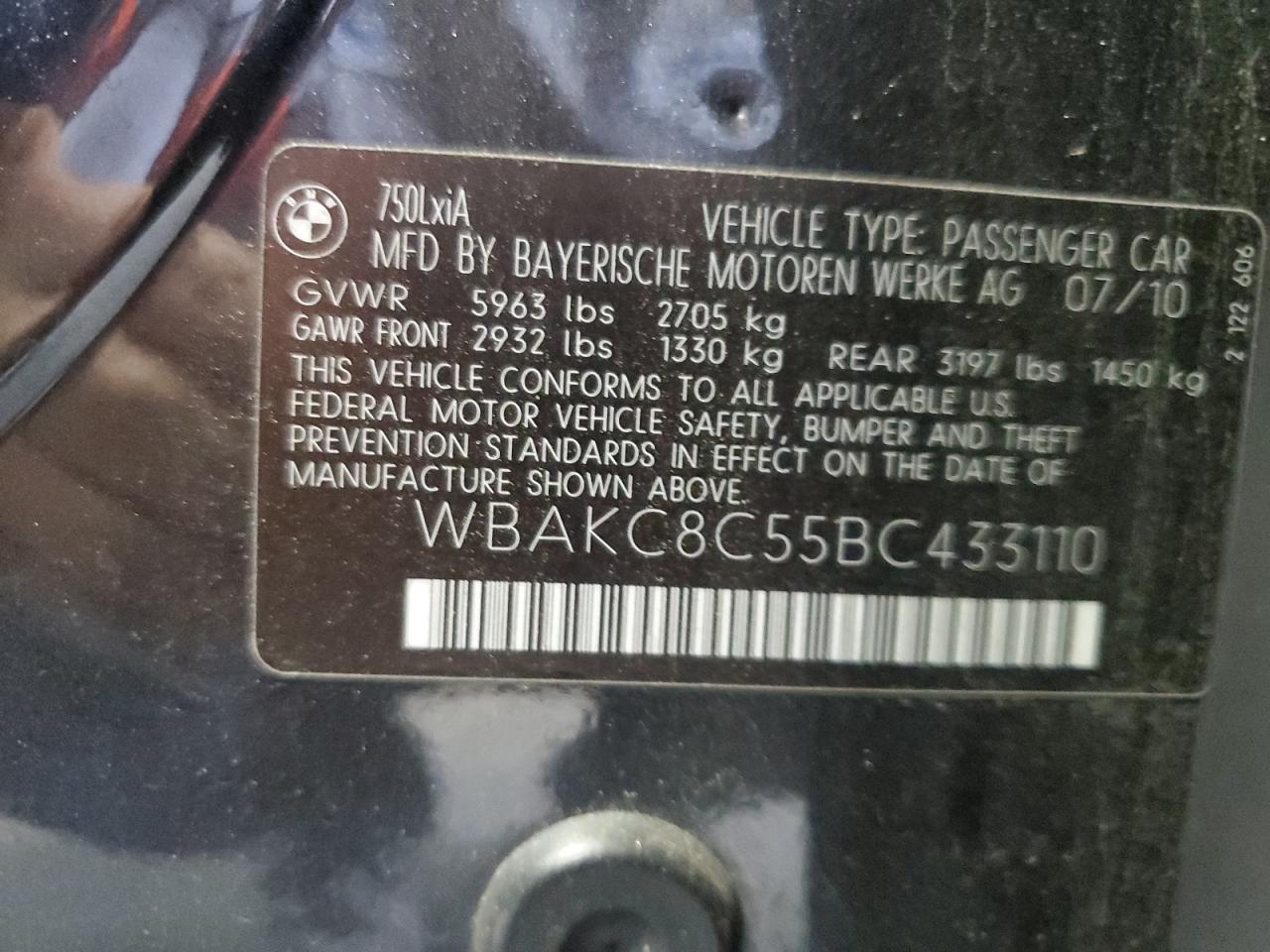 2011 BMW 750 Lxi VIN: WBAKC8C55BC433110 Lot: 92937725