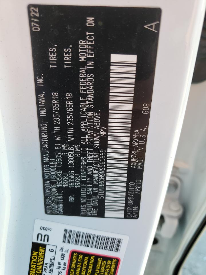 2022 Toyota Highlander Hybrid Xle VIN: 5TDHBRCH9NS560669 Lot: 65408885