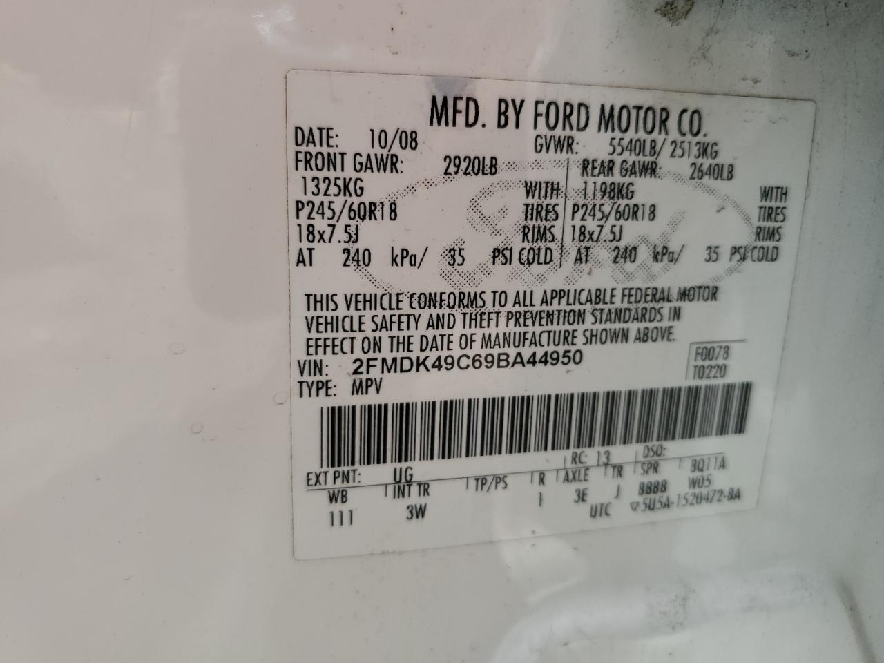 2009 Ford Edge Limited VIN: 2FMDK49C69BA44950 Lot: 64367755