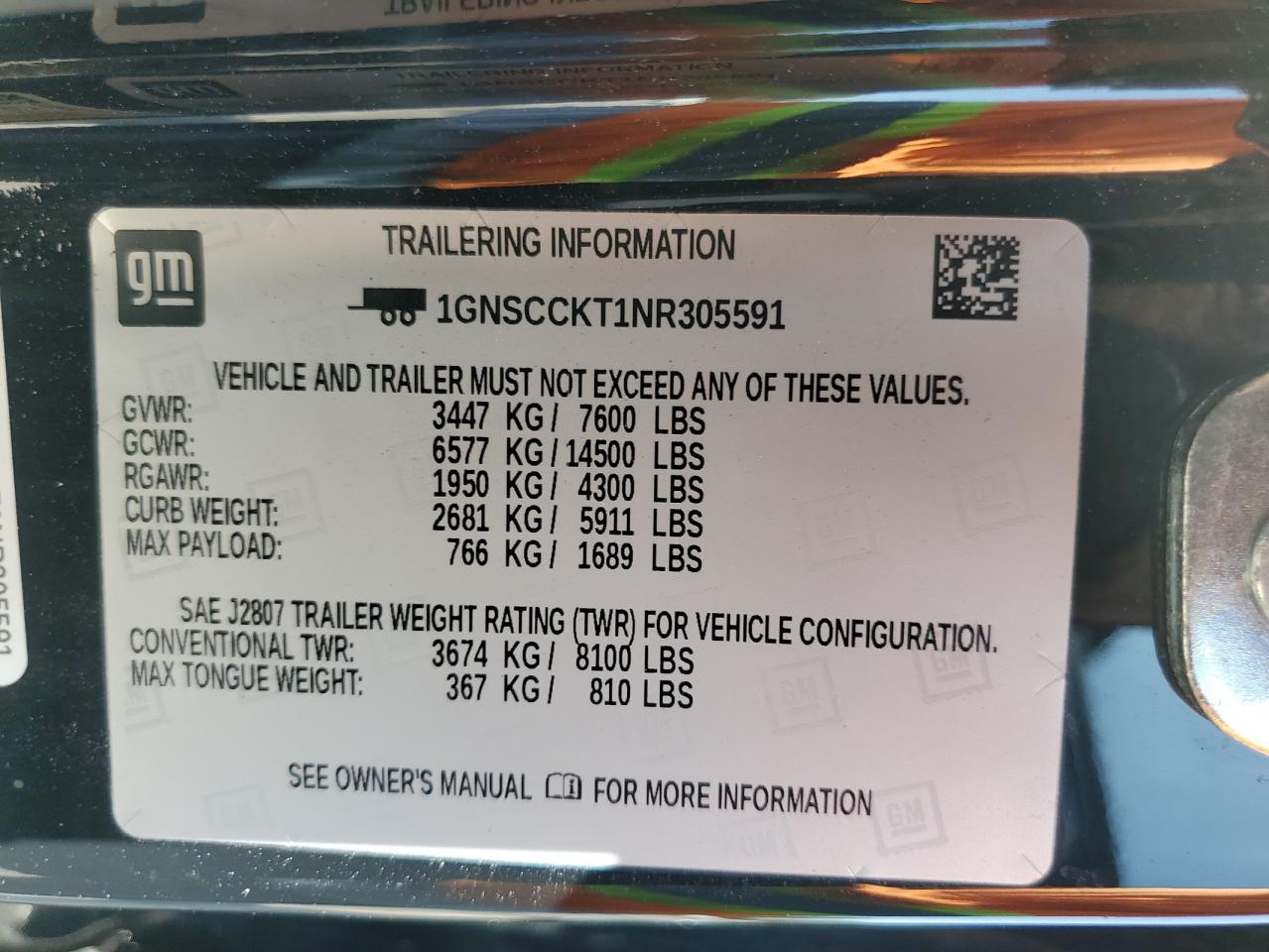 1gnscckt1nr305591 1GNSCCKT1NR305591 2022 Chevrolet Suburban C1500 Lt