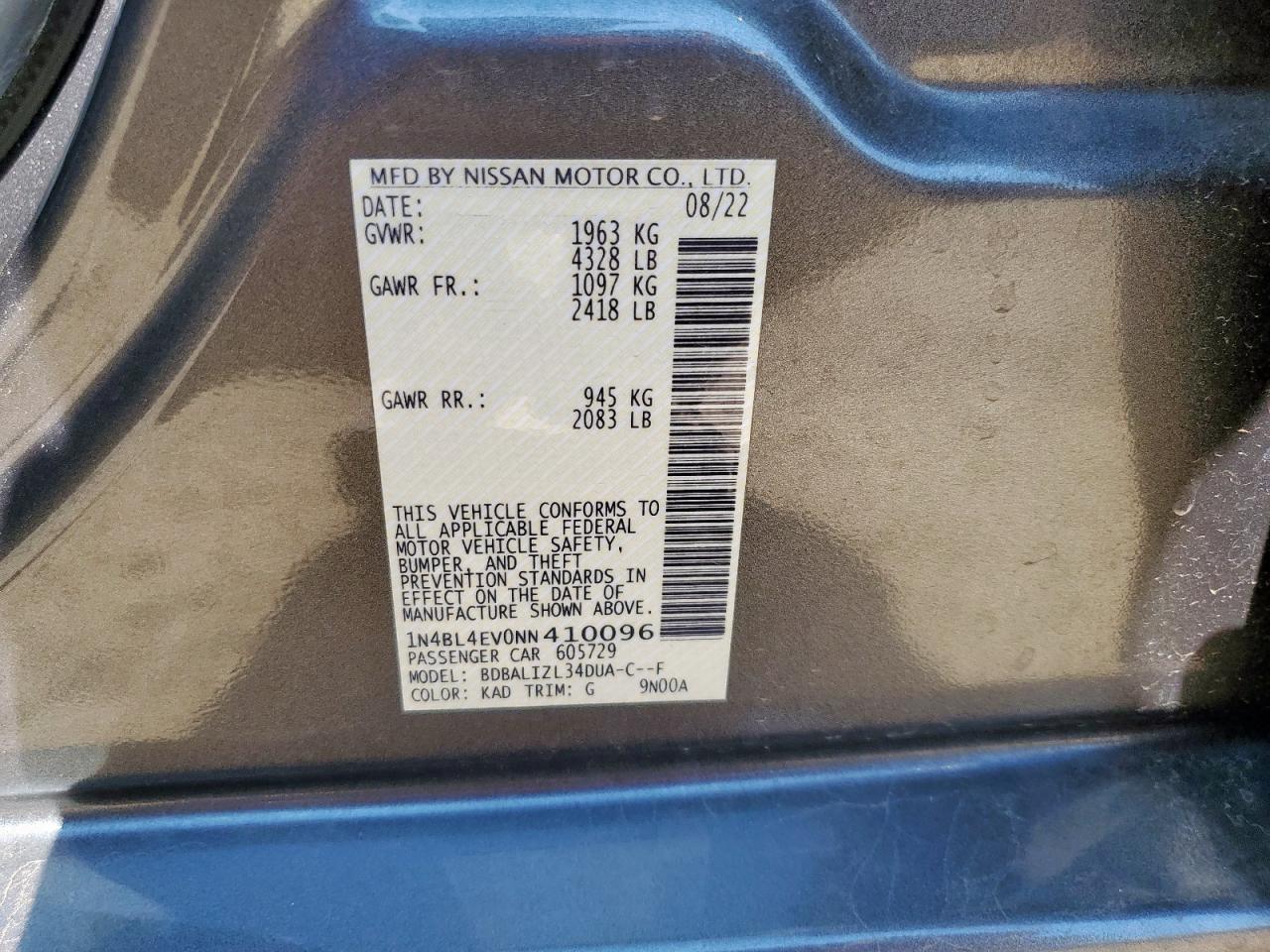 2022 Nissan Altima Sl VIN: 1N4BL4EV0NN410096 Lot: 62953365
