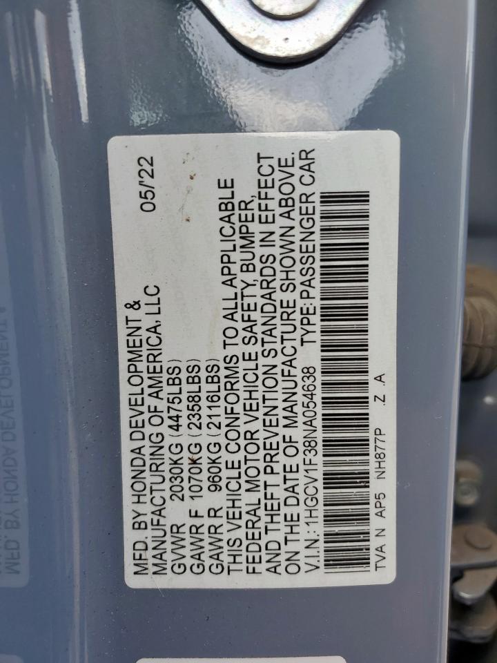 2022 Honda Accord Sport VIN: 1HGCV1F38NA054638 Lot: 64576305
