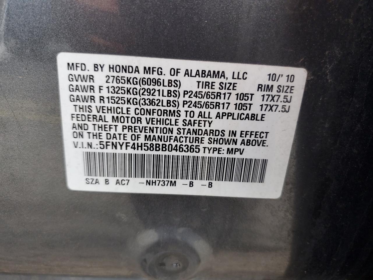 2011 Honda Pilot Exl VIN: 5FNYF4H58BB046365 Lot: 63145755