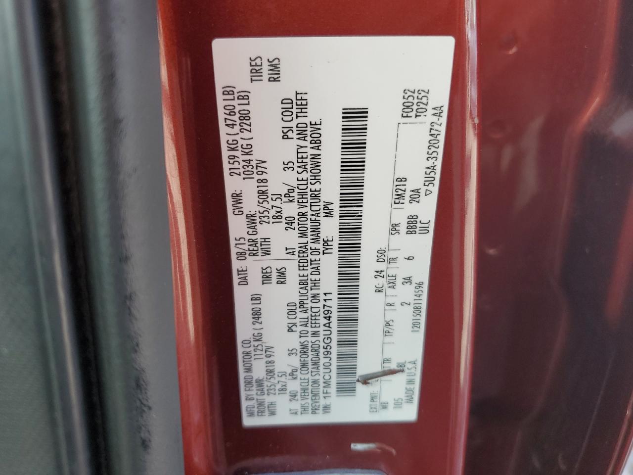 2016 Ford Escape Titanium VIN: 1FMCU0J95GUA49711 Lot: 65184555