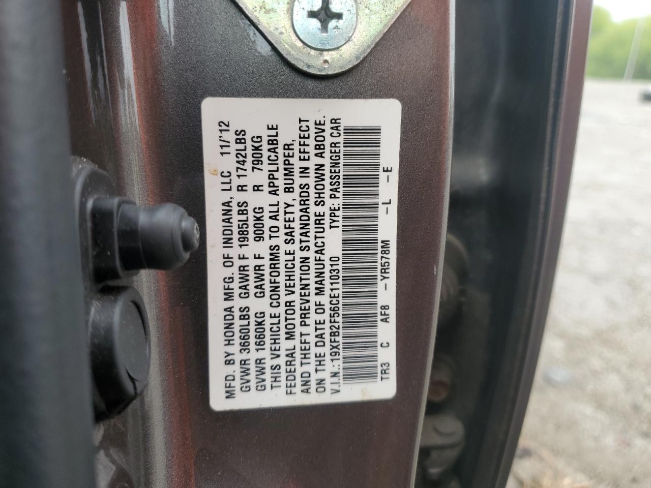 2012 Honda Civic Lx VIN: 19XFB2F56CE110310 Lot: 66435835