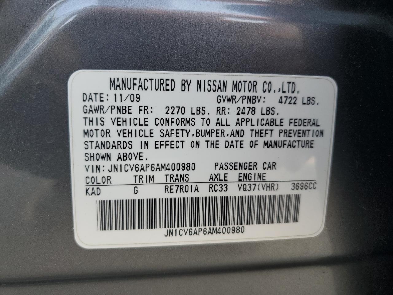 2010 Infiniti G37 Base VIN: JN1CV6AP6AM400980 Lot: 64596875