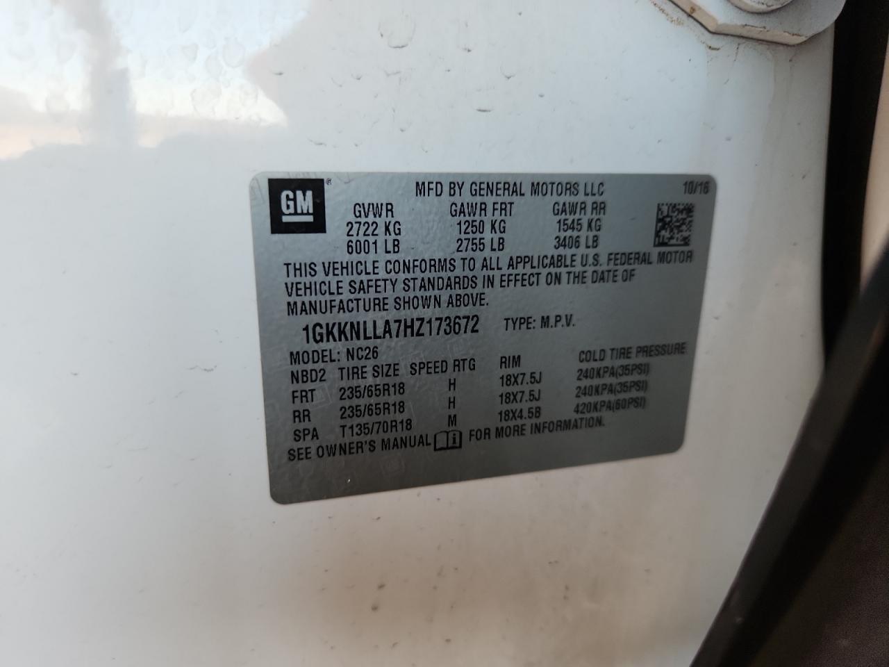 2017 GMC Acadia Sle VIN: 1GKKNLLA7HZ173672 Lot: 64203795