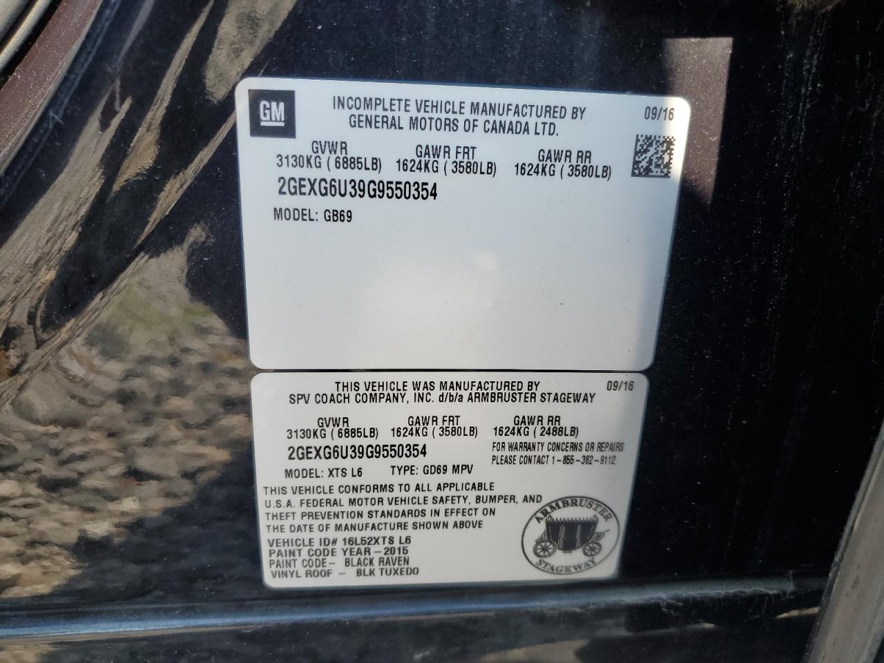 2016 Cadillac Xts Limousine VIN: 2GEXG6U39G9550354 Lot: 59971515