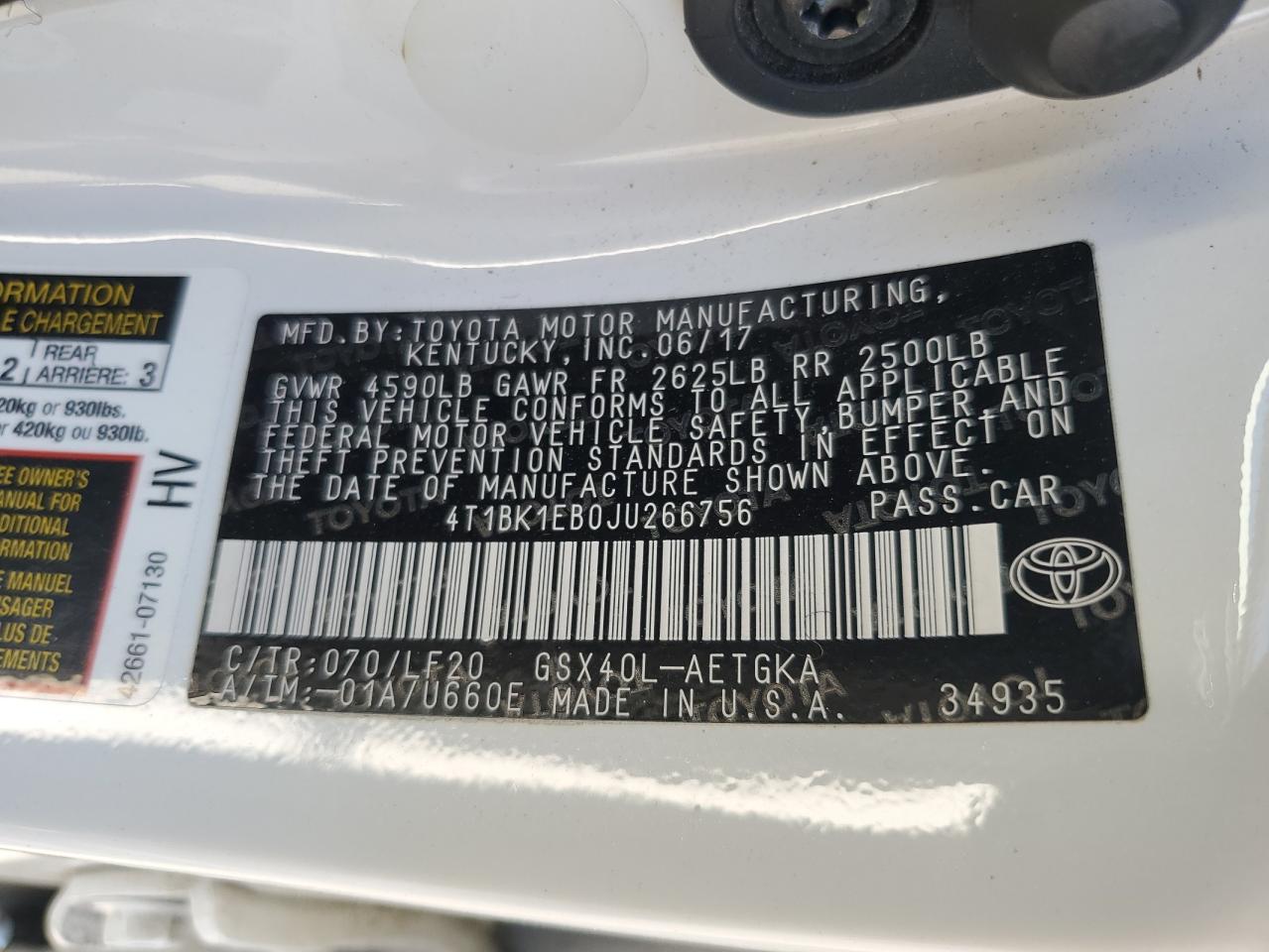 2018 Toyota Avalon Xle VIN: 4T1BK1EB0JU266756 Lot: 64751685