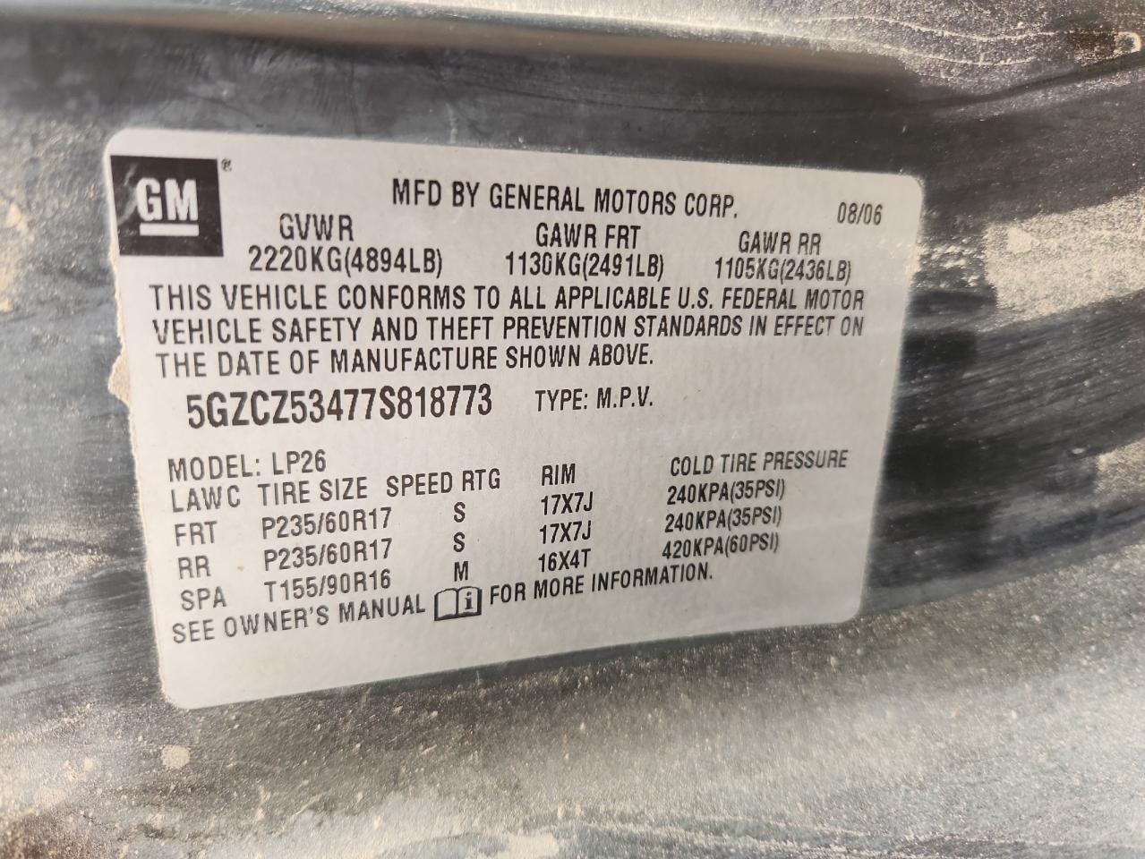 2007 Saturn Vue VIN: 5GZCZ53477S818773 Lot: 64020325
