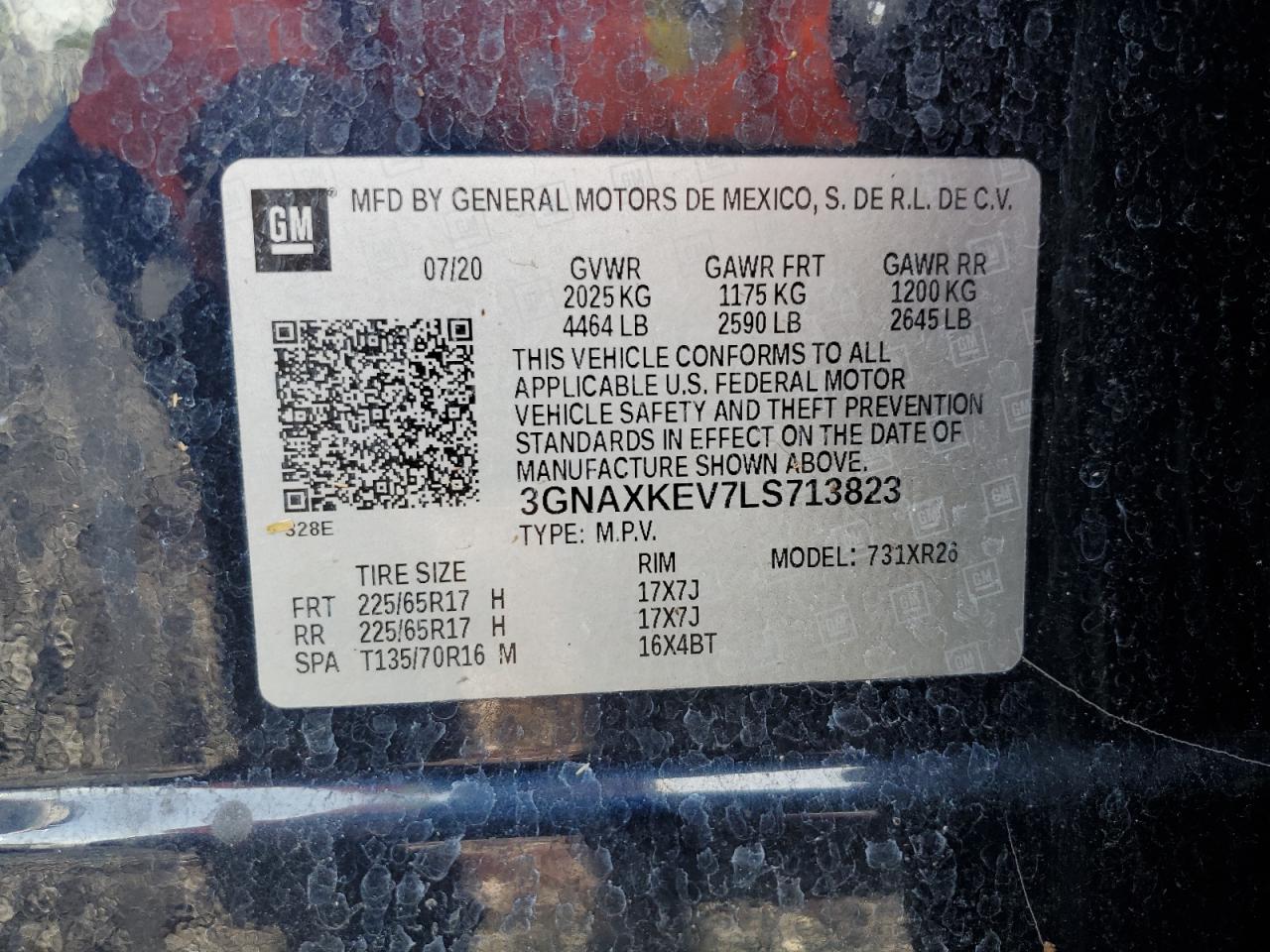 2020 Chevrolet Equinox Lt VIN: 3GNAXKEV7LS713823 Lot: 65178885