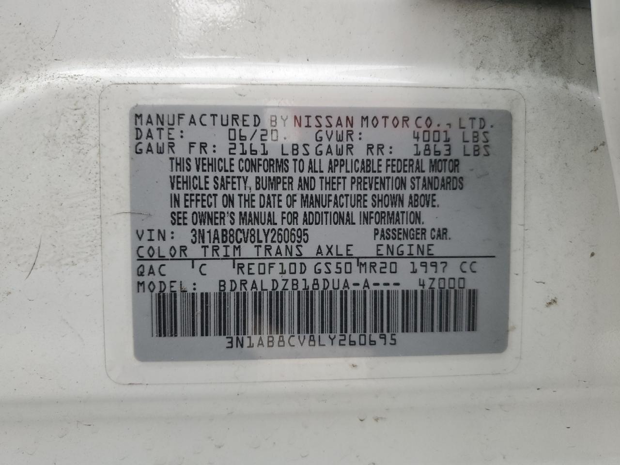 2020 Nissan Sentra Sv VIN: 3N1AB8CV8LY260695 Lot: 63433935