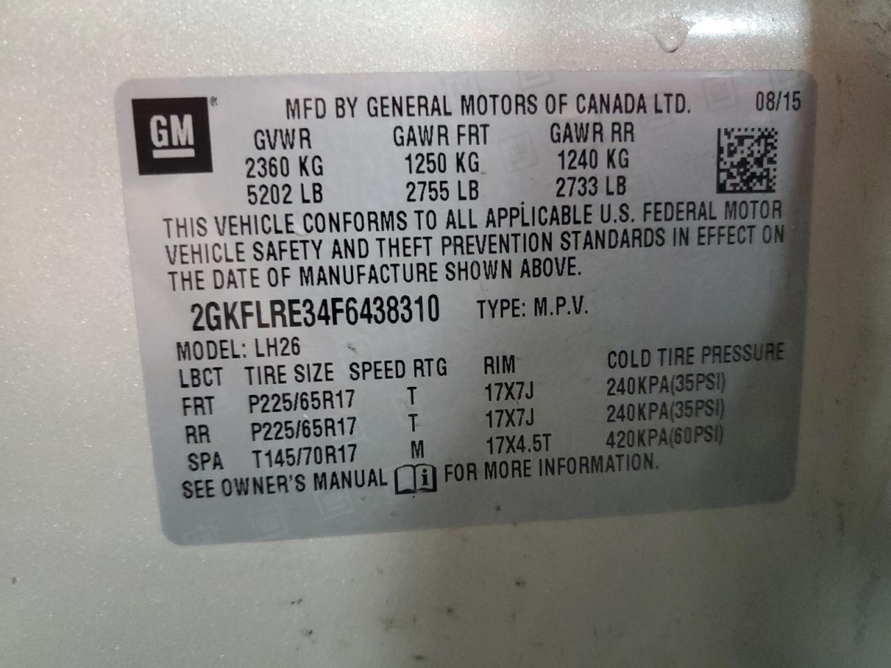 2015 GMC Terrain Sle VIN: 2GKFLRE34F6438310 Lot: 64680275