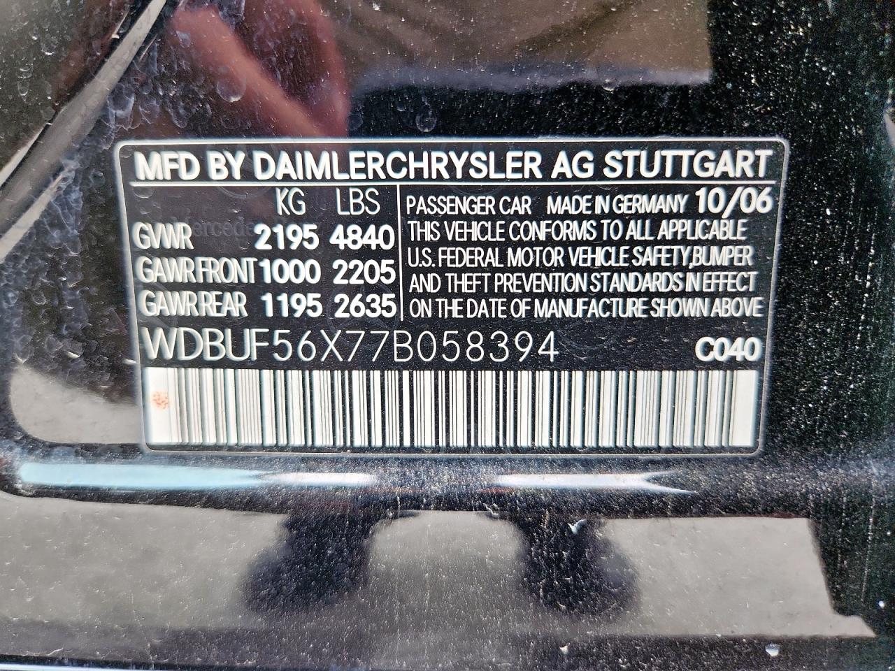 2007 Mercedes-Benz E 350 VIN: WDBUF56X77B058394 Lot: 62904185