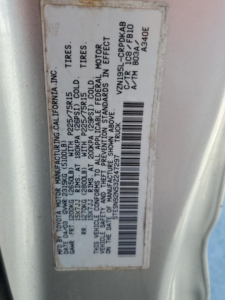 2003 Toyota Tacoma Xtracab Prerunner VIN: 5TESN92N53Z247297 Lot: 64654645