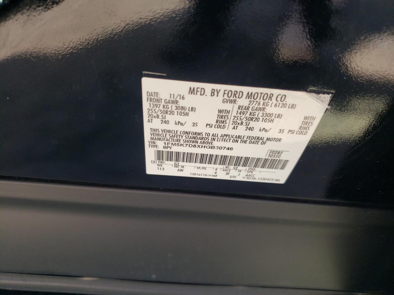 2017 Ford Explorer Xlt VIN: 1FM5K7D8XHGB30746 Lot: 62518705