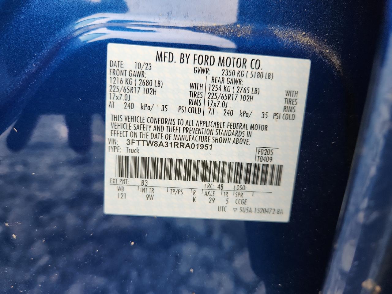 2024 Ford Maverick Xl VIN: 3FTTW8A31RRA01951 Lot: 64167255