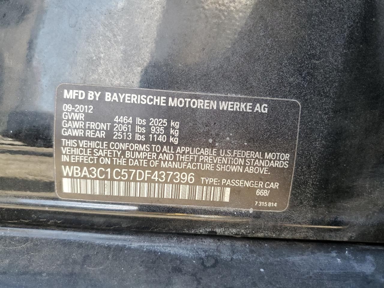 2013 BMW 328 I Sulev VIN: WBA3C1C57DF437396 Lot: 65573535