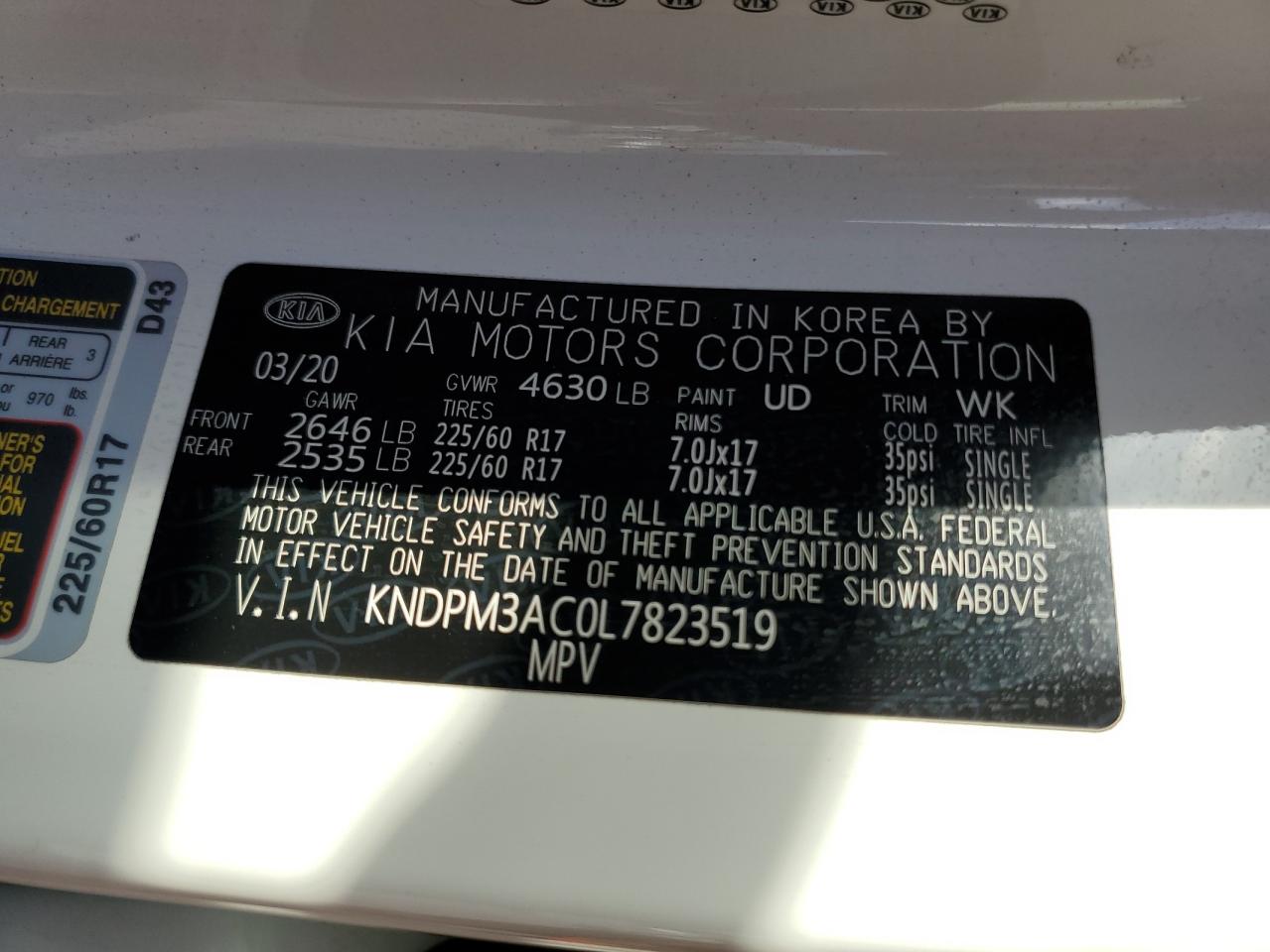 2020 Kia Sportage Lx VIN: KNDPM3AC0L7823519 Lot: 66228305