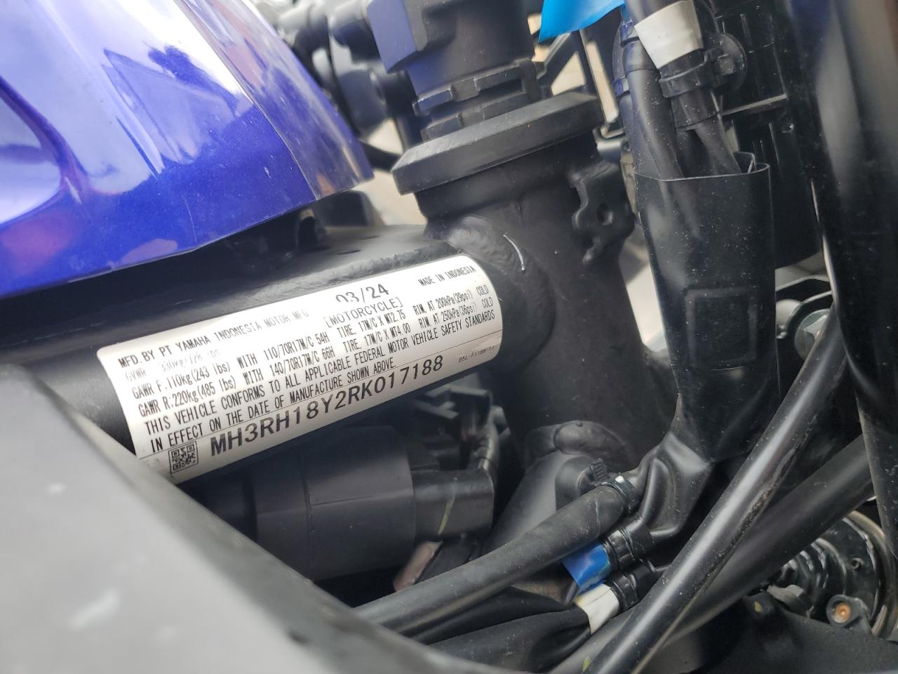 2024 Yamaha Yzfr3 A VIN: MH3RH18Y2RK017188 Lot: 65248355