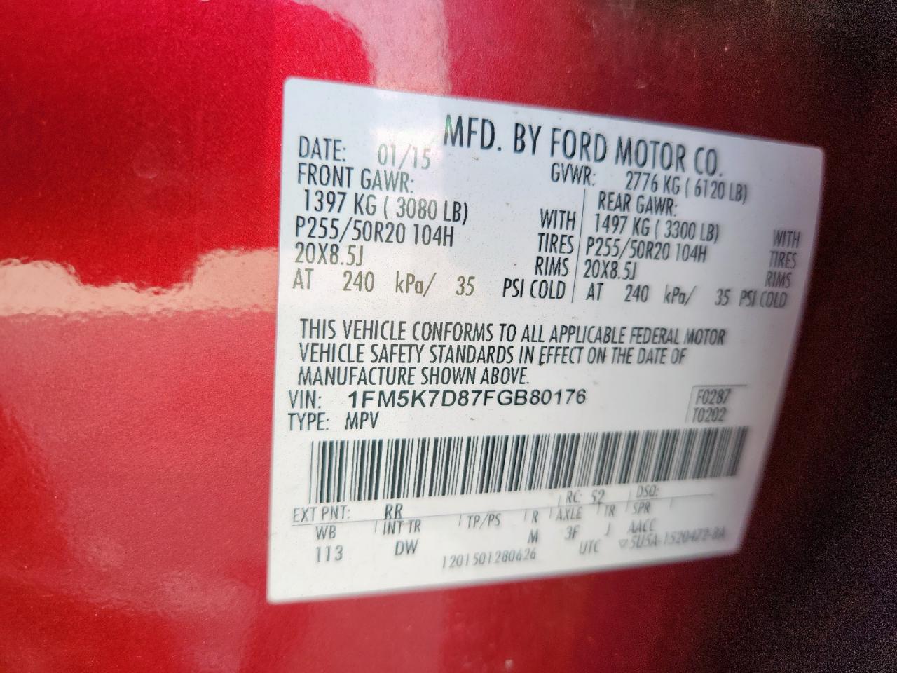 2015 Ford Explorer Xlt VIN: 1FM5K7D87FGB80176 Lot: 65214975