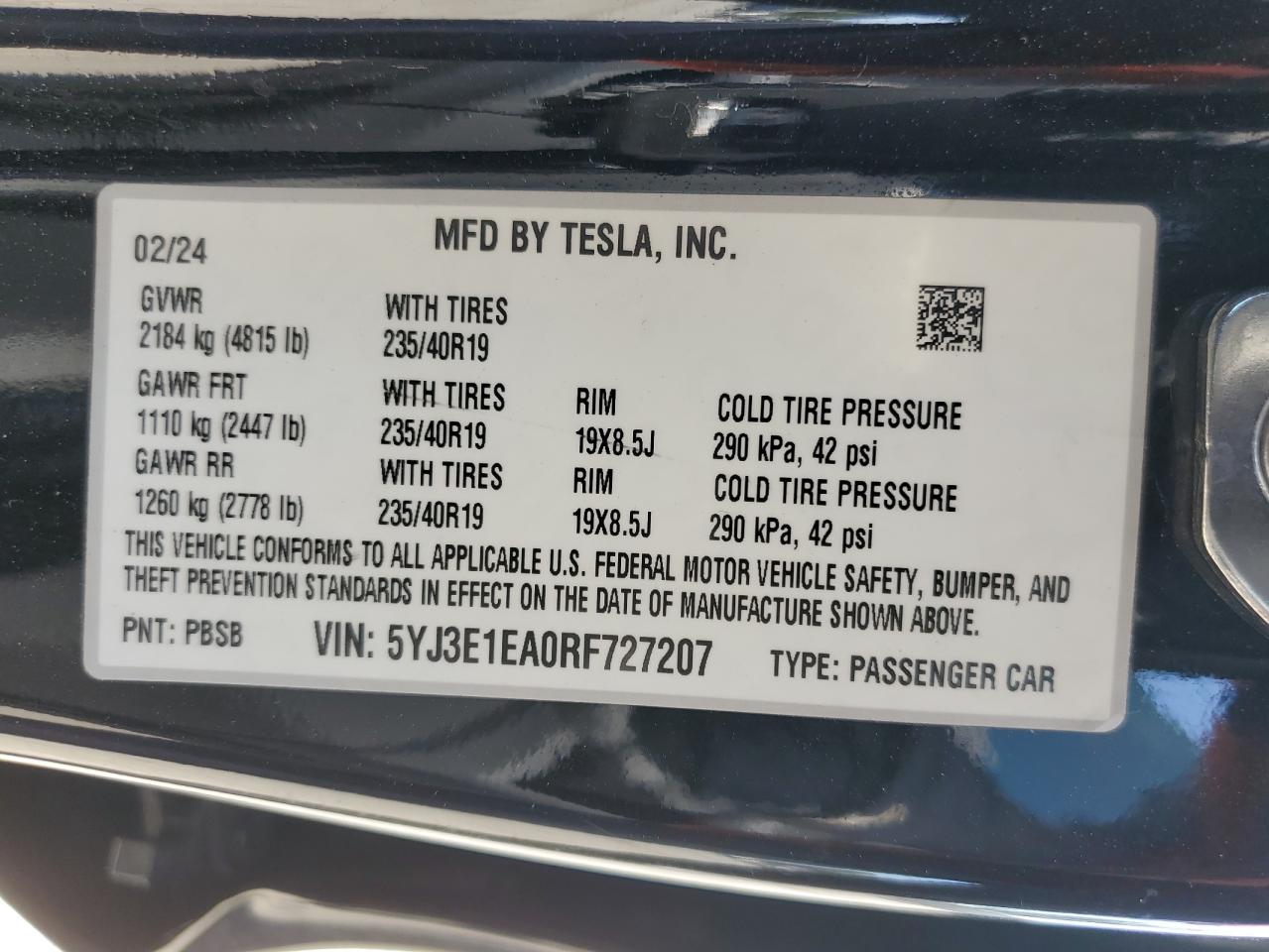 2024 Tesla Model 3 VIN: 5YJ3E1EA0RF727207 Lot: 64635675