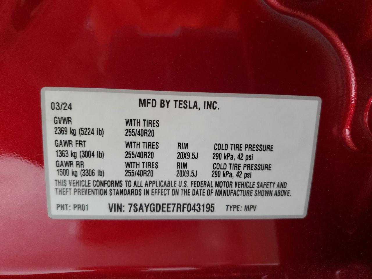 2024 Tesla Model Y VIN: 7SAYGDEE7RF043195 Lot: 63557595