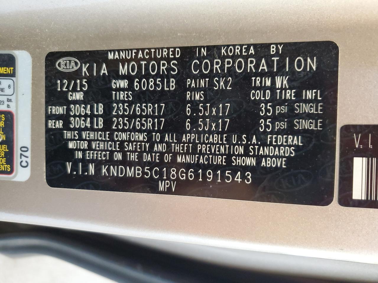 2016 Kia Sedona Lx VIN: KNDMB5C18G6191543 Lot: 63070885