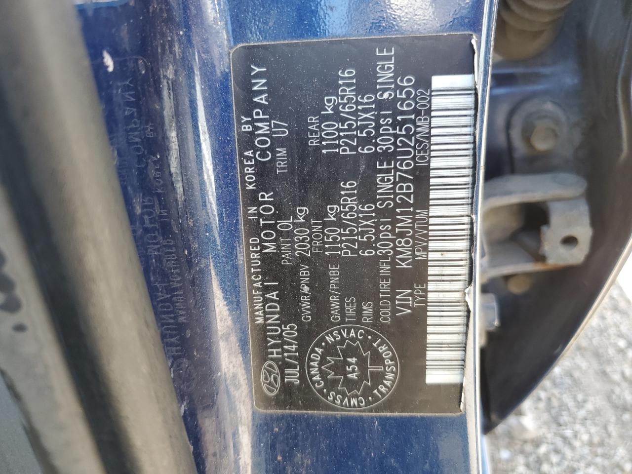 2006 Hyundai Tucson Gl VIN: KM8JM12B76U251656 Lot: 61227515