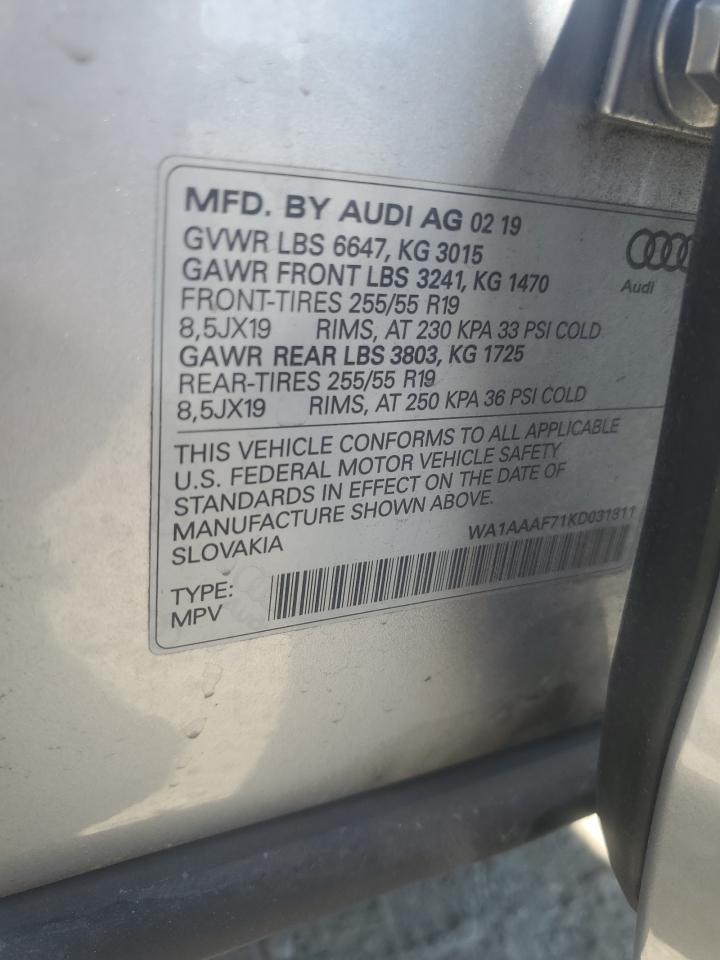 2019 Audi Q7 Premium VIN: WA1AAAF71KD031811 Lot: 62885825