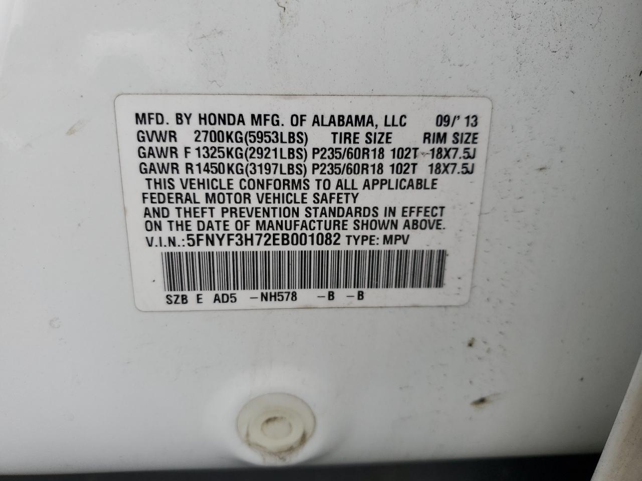 2014 Honda Pilot Exln VIN: 5FNYF3H72EB001082 Lot: 65033725