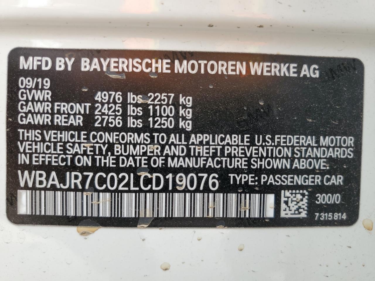 2020 BMW 530 Xi VIN: WBAJR7C02LCD19076 Lot: 64685135