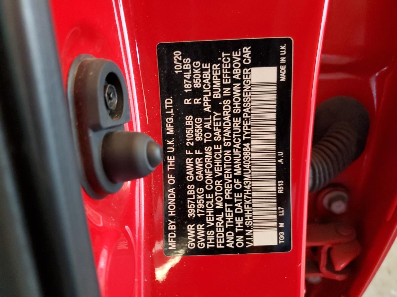 2021 Honda Civic Sport VIN: SHHFK7H43MU403884 Lot: 65418005