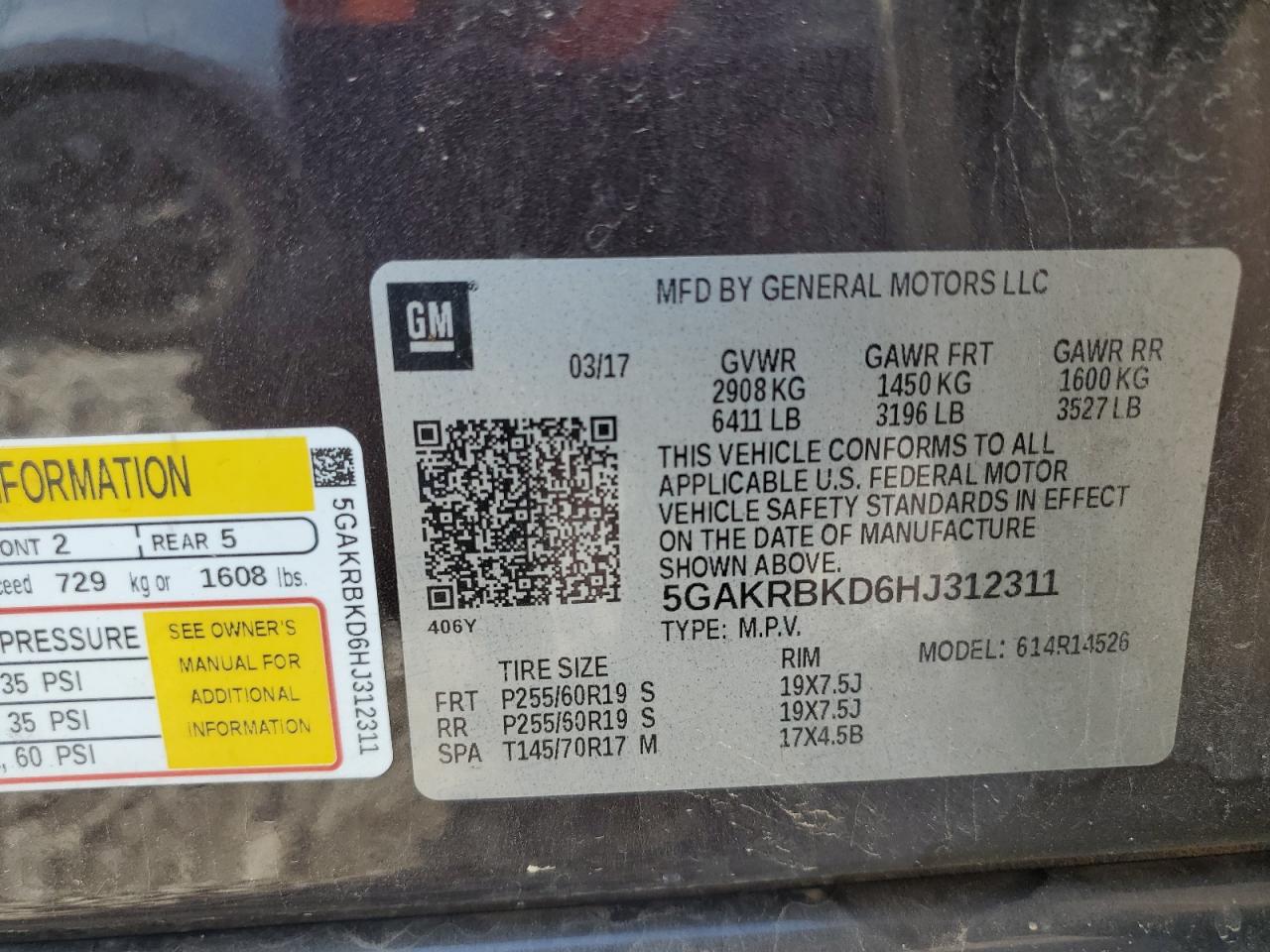 2017 Buick Enclave VIN: 5GAKRBKD6HJ312311 Lot: 64597685