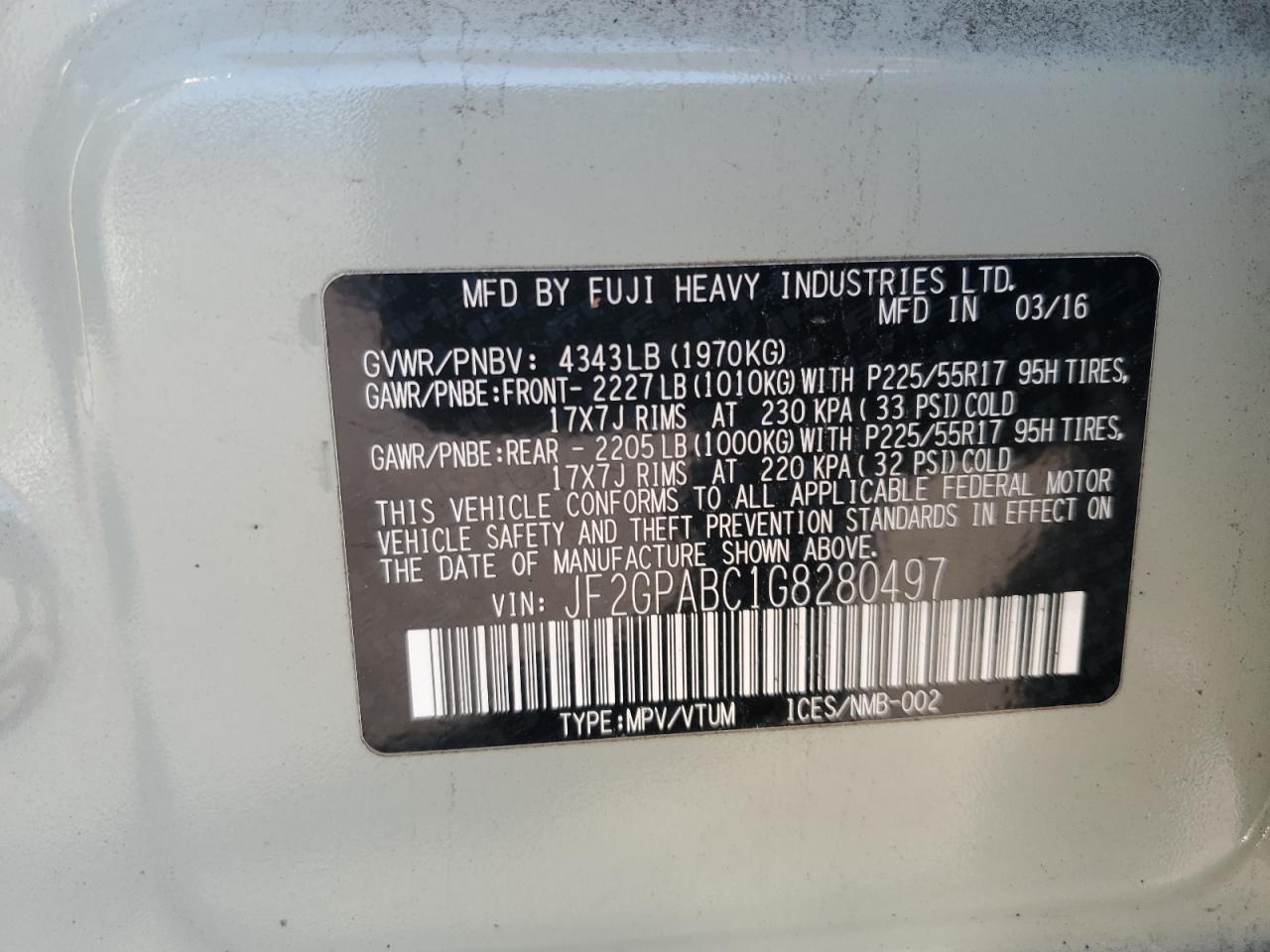 2016 Subaru Crosstrek Premium VIN: JF2GPABC1G8280497 Lot: 65806235