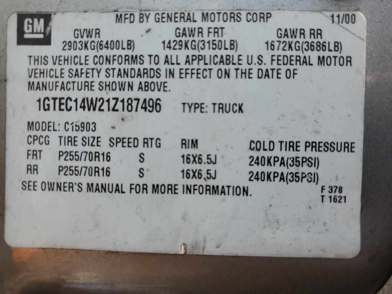 2001 GMC New Sierra C1500 VIN: 1GTEC14W21Z187496 Lot: 63243275