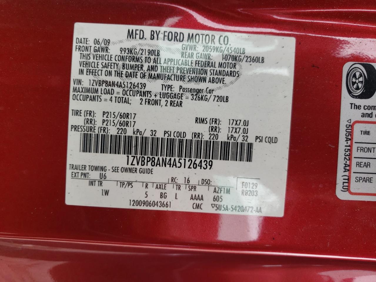 2010 Ford Mustang VIN: 1ZVBP8AN4A5126439 Lot: 64381475
