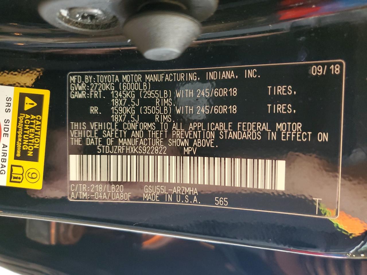 2019 Toyota Highlander Se VIN: 5TDJZRFHXKS922822 Lot: 64308035