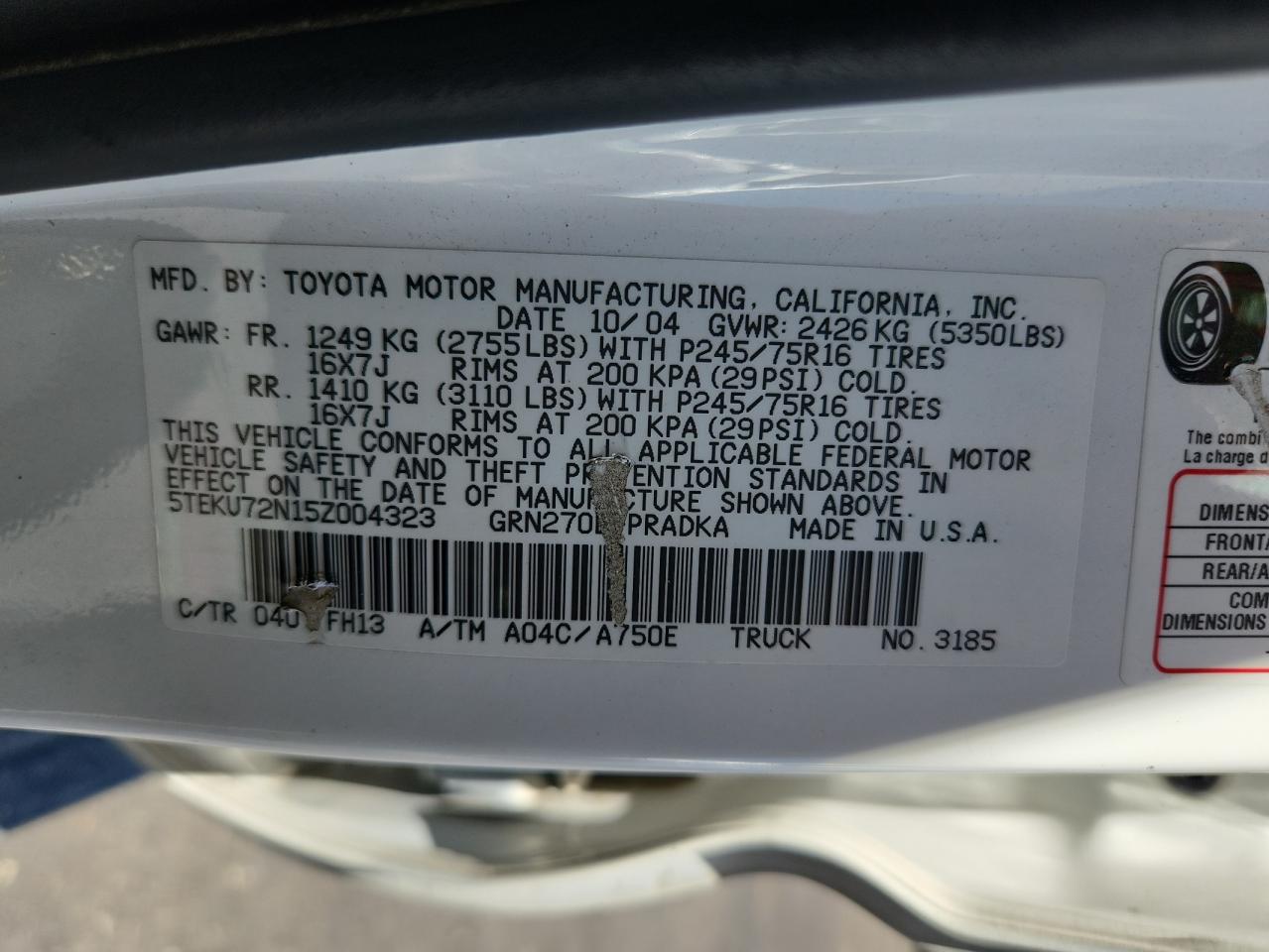 5teku72n15z004323 5TEKU72N15Z004323 2005 Toyota Tacoma Double Cab Prerunner Long Bed