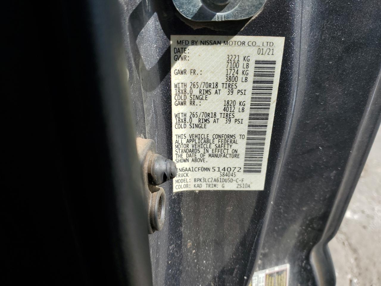 2021 Nissan Titan Sv VIN: 1N6AA1CF0MN514072 Lot: 64643465