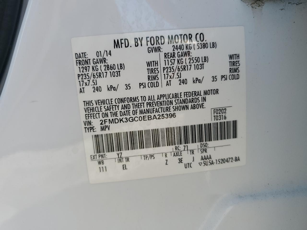 2014 Ford Edge Se VIN: 2FMDK3GC0EBA25396 Lot: 64629805