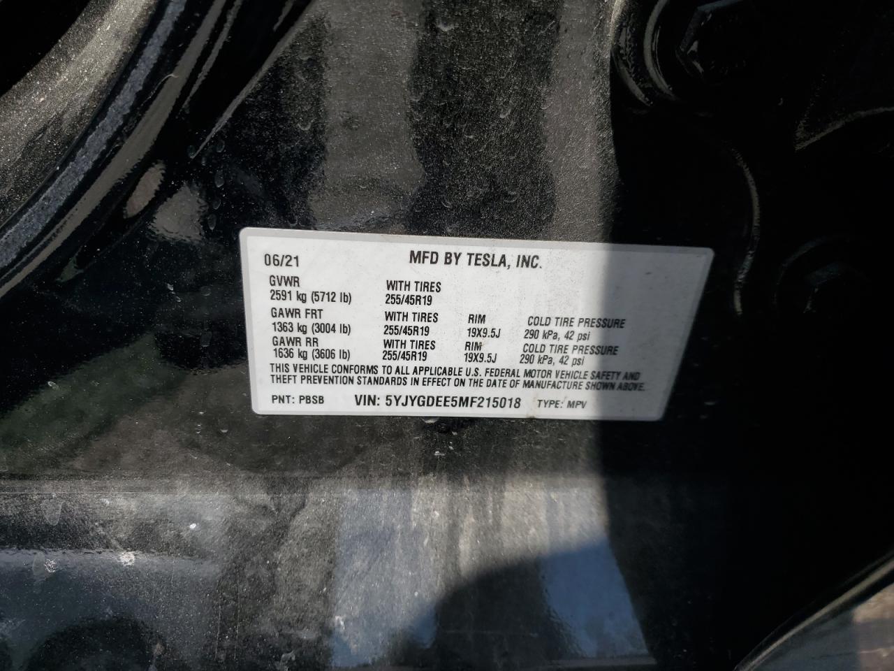 2021 Tesla Model Y VIN: 5YJYGDEE5MF215018 Lot: 65480015