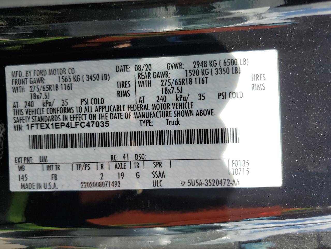 2020 Ford F150 Super Cab VIN: 1FTEX1EP4LFC47035 Lot: 65173805