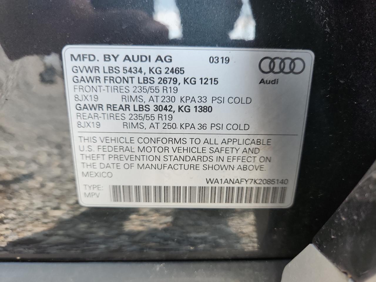 2019 Audi Q5 Premium VIN: WA1ANAFY7K2085140 Lot: 64810525