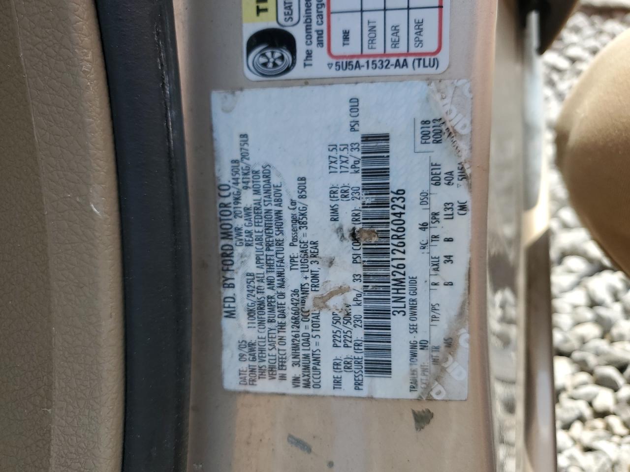 2006 Lincoln Zephyr VIN: 3LNHM26126R604236 Lot: 67100755