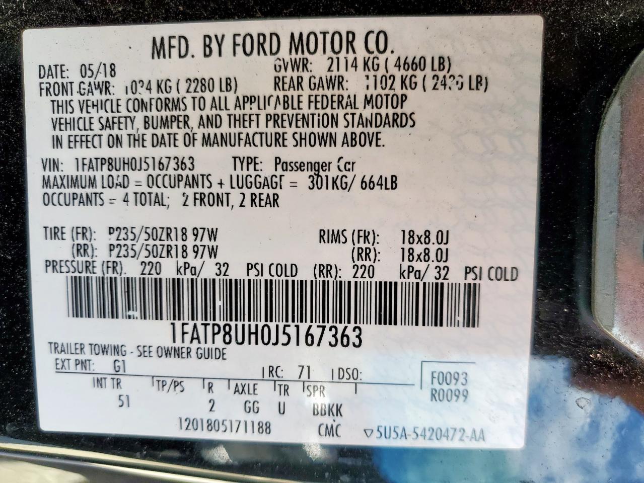 2018 Ford Mustang VIN: 1FATP8UH0J5167363 Lot: 66486765