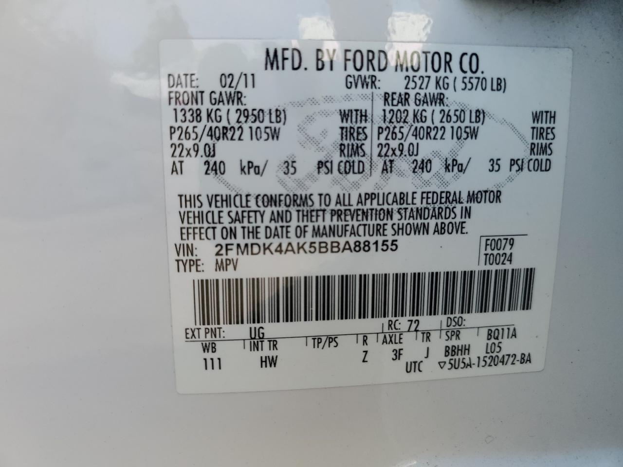 2011 Ford Edge Sport VIN: 2FMDK4AK5BBA88155 Lot: 62428995