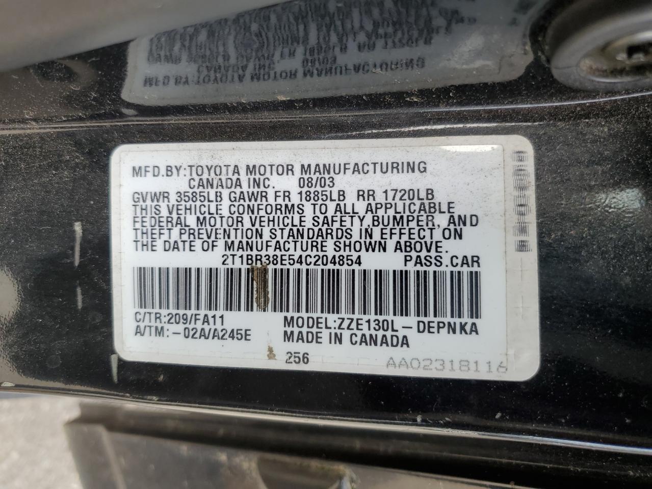 2004 Toyota Corolla Ce VIN: 2T1BR38E54C204854 Lot: 65086005